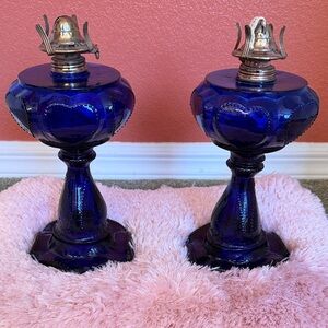 Pair of Antique Findlay Cobalt Blue Beaded Queen of Hearts Glass Oil lamps.